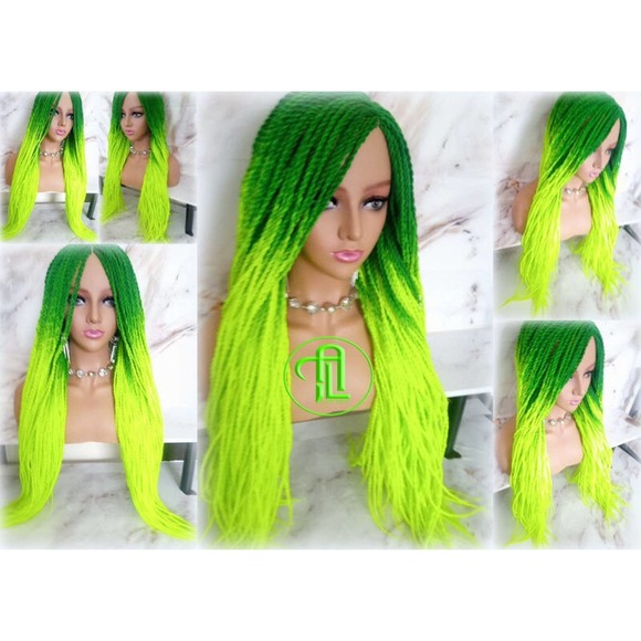 Green Florescent  Ombre Senegalese Twist Braid Wig Glow in The Dark Braids Neon - Picture 5 of 9